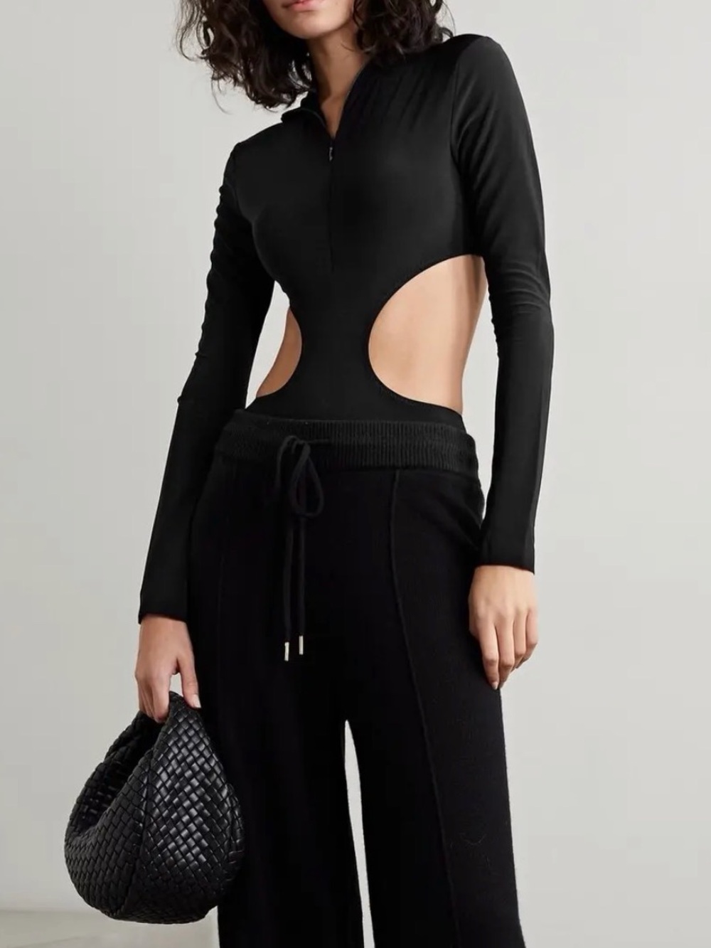 Norma Kamali sz. Small/36 Black Cutout Hooded Stretch-Jersey Bodysuit